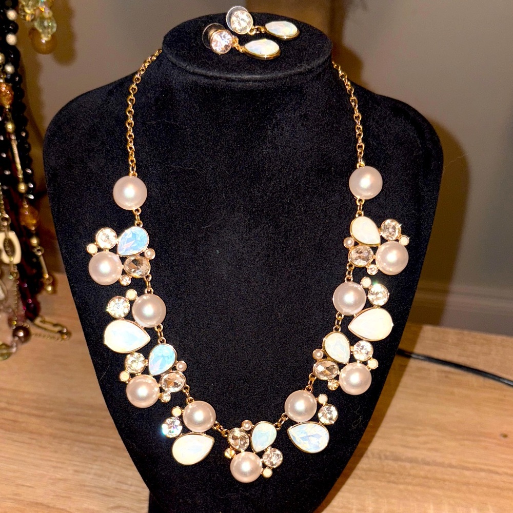 Vintage White Faux Pearl and rhinestone Gold Tone Bib and earrings